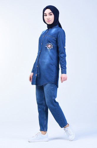 Buttoned Denim Shirt 3011-02 Navy Blue 3011-02