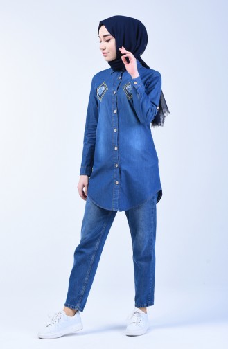 Embroidered Denim Shirt 3012-02 Navy Blue 3012-02