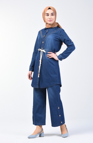 Pearl Denim Tunic Trousers Double Set 3008-02 Dark Navy Blue 3008-02