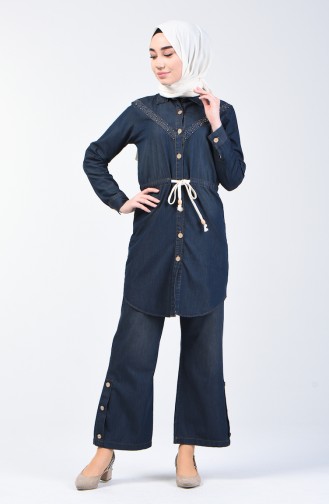 Pearled Denim Tunic Trousers Double Suit 3008-03 Navy Blue 3008-03
