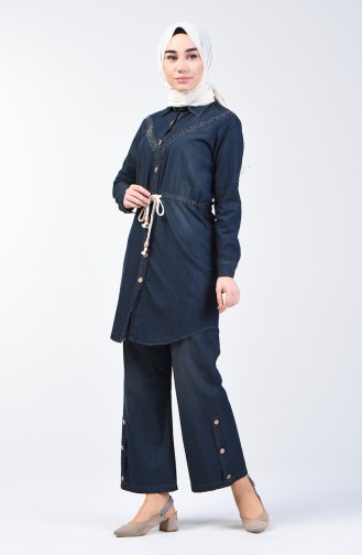 Pearled Denim Tunic Trousers Double Suit 3008-03 Navy Blue 3008-03