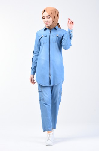 Jeans Tunika Hose Zweier Anzug mit Reissverschluss 3009-02 Jeans Blau 3009-02