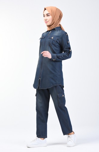 Zippered Denim Tunic Trousers Double Suit 3009-03 Dark Navy Blue 3009-03