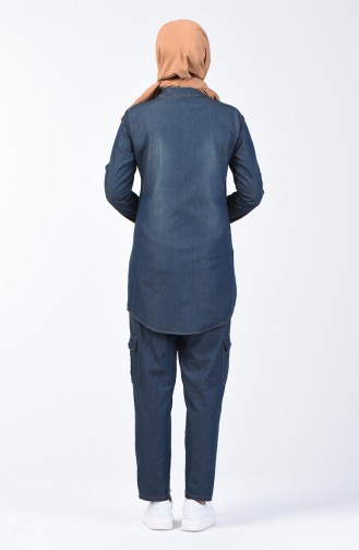 Zippered Denim Tunic Trousers Double Suit 3009-03 Dark Navy Blue 3009-03
