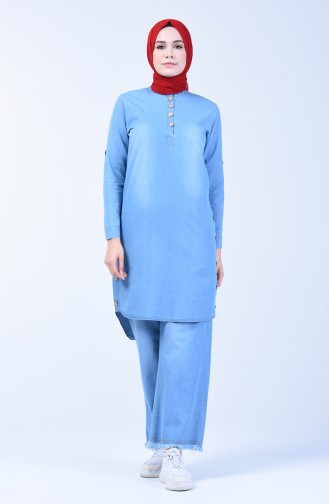 Button Detailed Tunic Trousers Double Suit 3010-01 Jeans Blue 3010-01