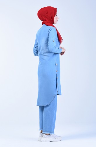 Button Detailed Tunic Trousers Double Suit 3010-01 Jeans Blue 3010-01