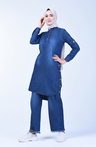 Button Detailed Tunic Trousers Double Suit 3010-02 Navy Blue 3010-02