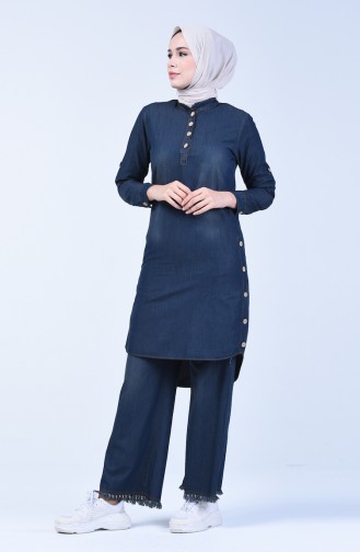 Button Detailed Tunic Trousers Double Suit 3010-03 Dark Navy Blue 3010-03