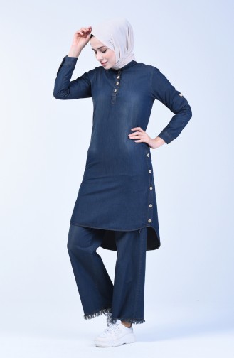 Button Detailed Tunic Trousers Double Suit 3010-03 Dark Navy Blue 3010-03