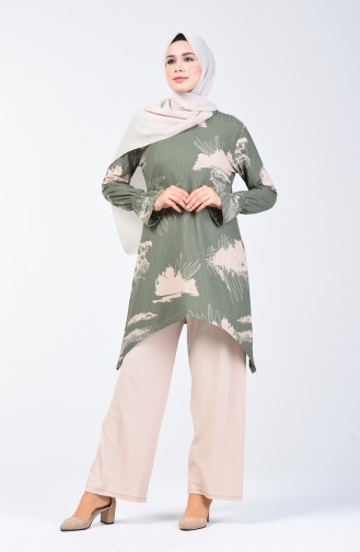 Patterned Tunic Trousers Set 1434-01 Almond Green 1434-01