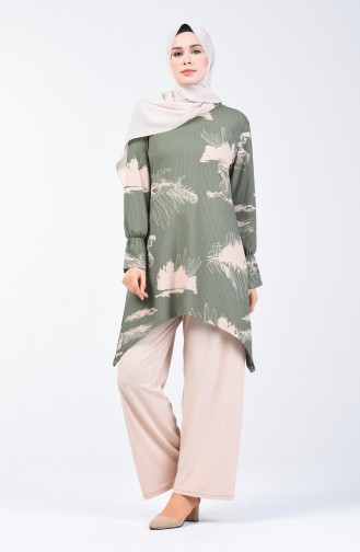 Patterned Tunic Trousers Set 1434-01 Almond Green 1434-01