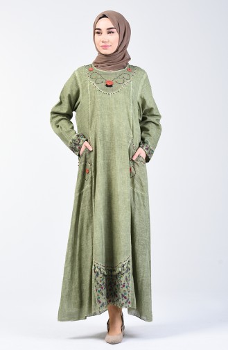 Şile Cloth Beaded Dress 9090-03 Khaki 9090-03