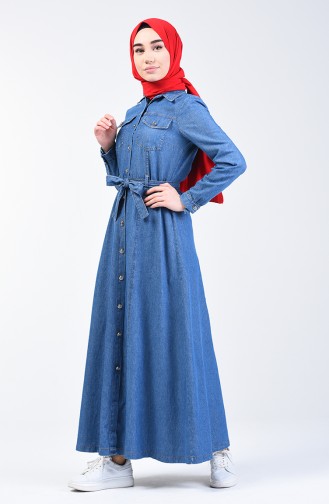 Boydan Düğmeli Kot Elbise 5304-01 Kot Mavi