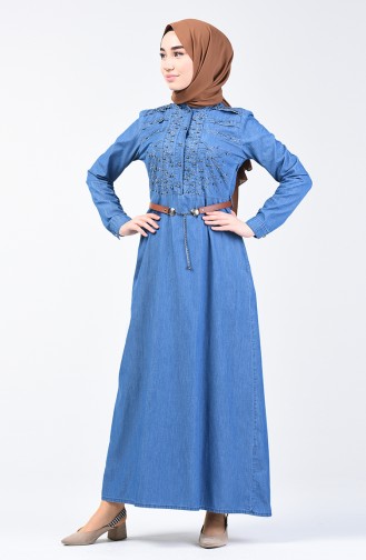 Stone Printed Belted Denim Dress 9283-01 Jeans Blue 9283-01