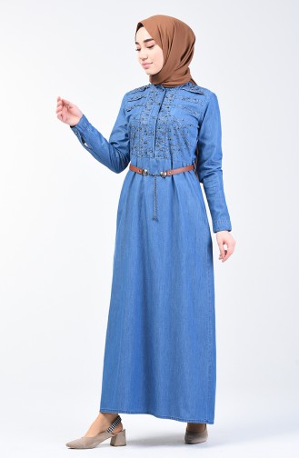 Stone Printed Belted Denim Dress 9283-01 Jeans Blue 9283-01