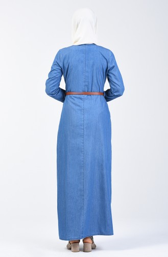 Taş Baskılı Kemerli Kot Elbise 9283-01 Kot Mavi
