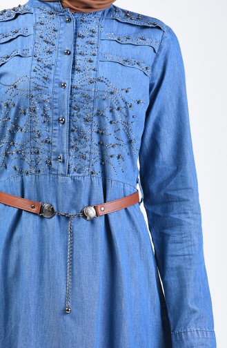 Stone Printed Belted Denim Dress 9283-01 Jeans Blue 9283-01