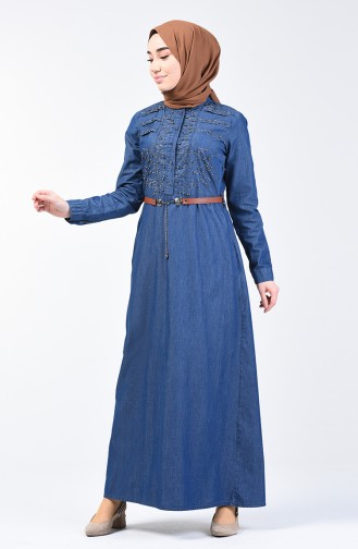Stone Printed Belted Denim Dress 9283-02 Navy Blue 9283-02
