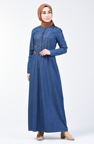 Stone Printed Belted Denim Dress 9283-02 Navy Blue 9283-02