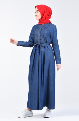 Belted Denim Dress 9284-01 Navy Blue 9284-01