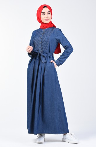 Belted Denim Dress 9284-01 Navy Blue 9284-01