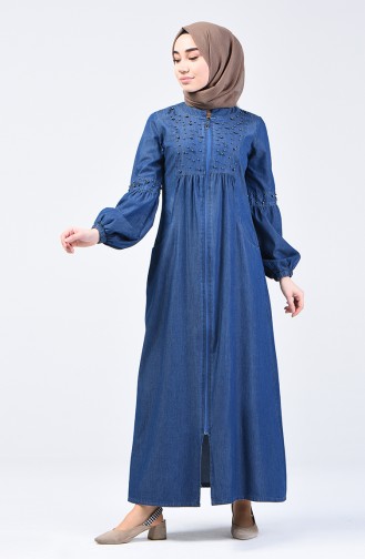 Pearled Denim Abaya 9285-01 Navy Blue 9285-01