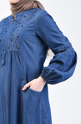 Pearled Denim Abaya 9285-01 Navy Blue 9285-01