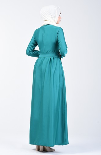Pileli Kuşaklı Elbise 60107-03 Zümrüt Yeşili