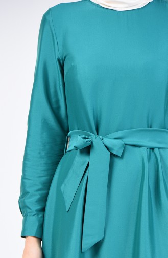 Pileli Kuşaklı Elbise 60107-03 Zümrüt Yeşili