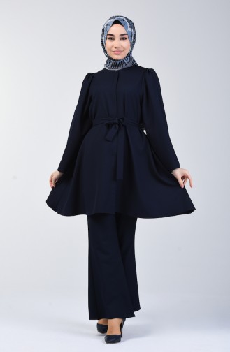 Belted Tunic Pants Double Set 0218-09 Navy Blue 0218-21