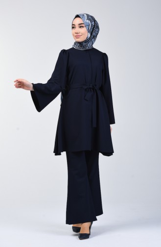 Belted Tunic Pants Double Set 0218-09 Navy Blue 0218-21