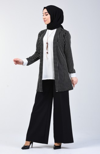 Ensemble Deux Pieces Blouse Veste Avec Collier 1424-01 Noir Blanc 1424-01