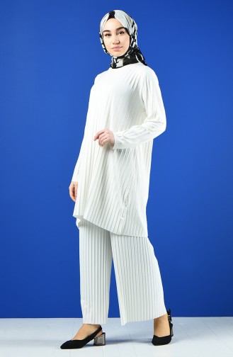 Piliseli Tunik Pantolon İkili Takım 5219-15 Beyaz