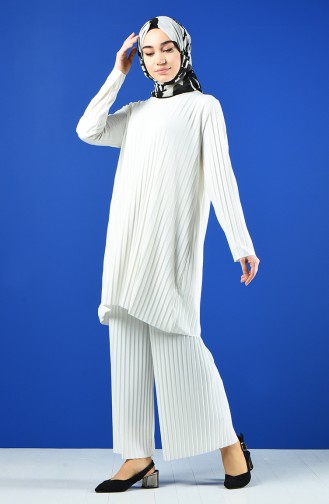 Piliseli Tunik Pantolon İkili Takım 5219-15 Beyaz