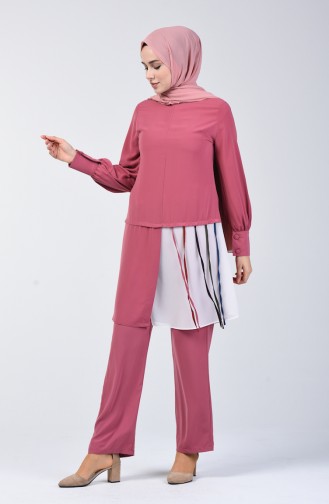 Ensemble Deux Pieces Tunique Pantalon Garni  1730-02 Rose Pâle 1730-02