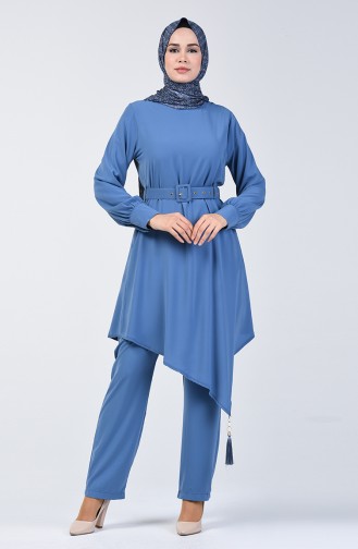 Belted Tunic & Pants Two-pieces Suit 1731-02 İndigo 1731-02