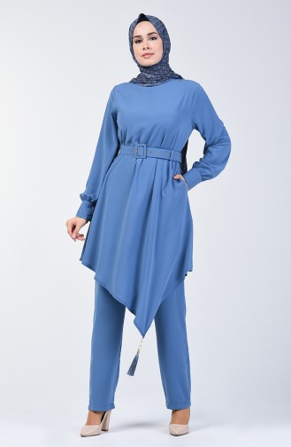 Belted Tunic & Pants Two-pieces Suit 1731-02 İndigo 1731-02