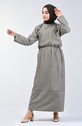 Striped Bat Sleeve Dress Dark Khaki 1040-01