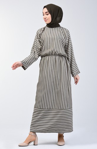 Striped Bat Sleeve Dress Dark Khaki 1040-01