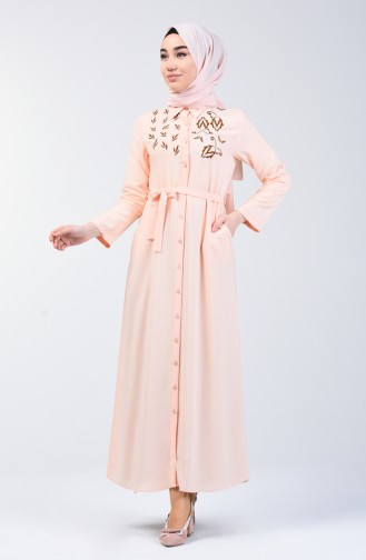 Nakışlı Kuşaklı Elbise 90026-01 Somon