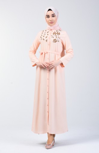 Nakışlı Kuşaklı Elbise 90026-01 Somon