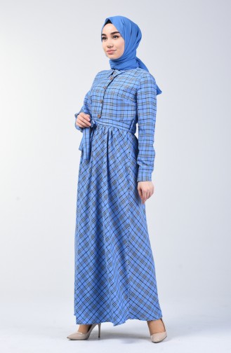 Ekose Desenli Kuşaklı Elbise 7028-02 Mavi