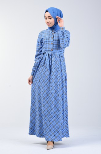 Plaid Patterned Belted Dress 7028-02 Blue 7028-02