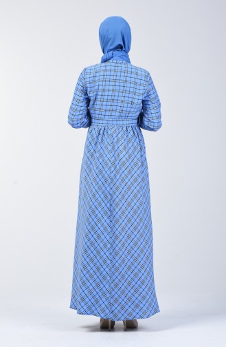 Robe à Carreaux Avec Ceinture 7028-02 Bleu 7028-02