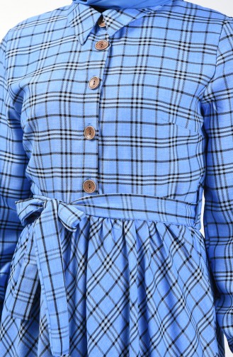 Plaid Patterned Belted Dress 7028-02 Blue 7028-02