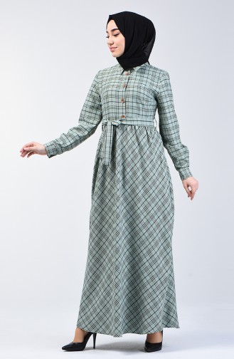 Plaid Patterned Belted Dress 7028-03   Almond Green 7028-03