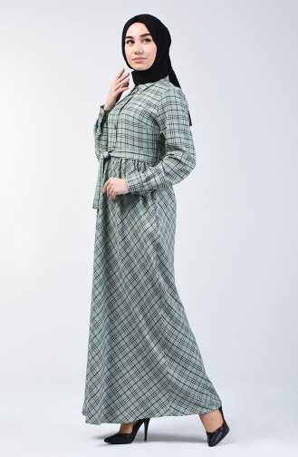 Plaid Patterned Belted Dress 7028-03   Almond Green 7028-03