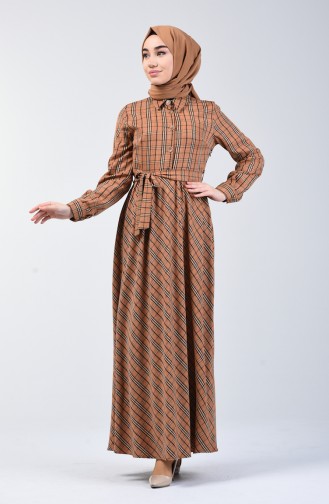 Plaid Patterned Belted Dress 7028-04 Milky Coffee 7028-04