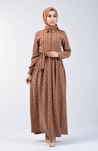 Plaid Patterned Belted Dress 7028-04 Milky Coffee 7028-04