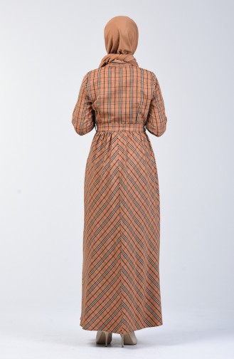 Plaid Patterned Belted Dress 7028-04 Milky Coffee 7028-04